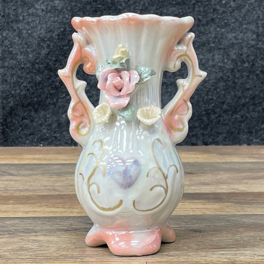 Vintage Lusterware Bud Vase Applied Pink Rose Floral Iridescent 5.5" Mid-Century
