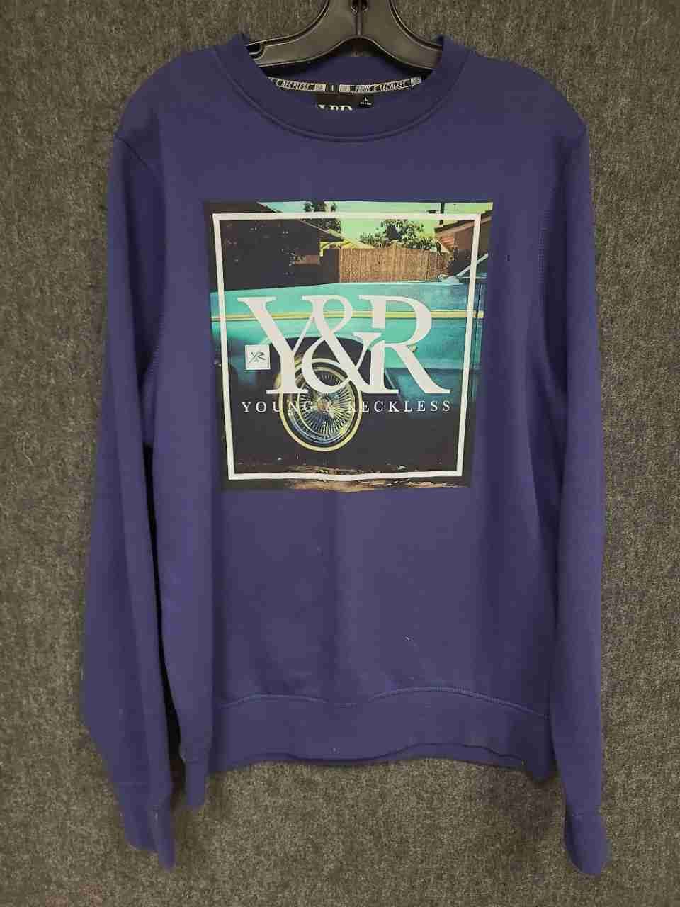 Young & Reckless Men's Purple Graphic Car Print Crewneck Sweatshirt Sz L