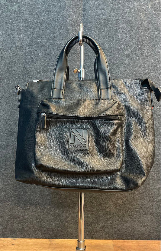 Nautica Black Pebble Faux Leather Handbag Satchel Front Zip Pocket