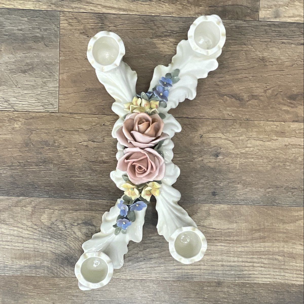 Vintage-Karl Ens-Style Porcelain Roses Flowers Candleholder Centerpiece