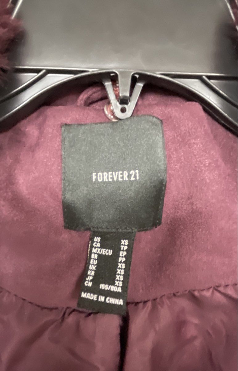 Forever 21 Women's Burgundy Faux Fur Trim Faux Suede Shawl Collar Coat Sz XS