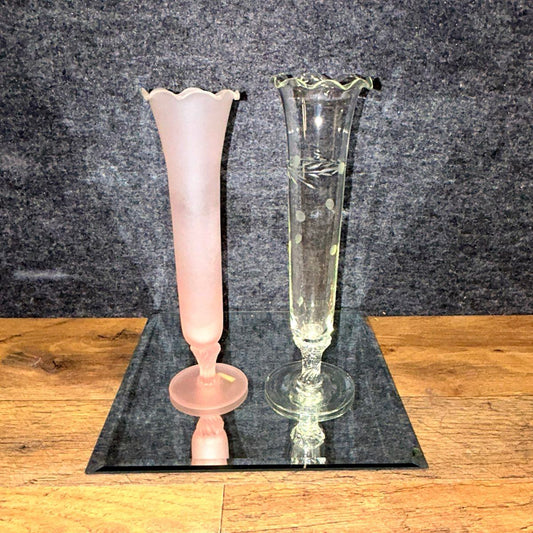 Vintage Bud Vases Set of 2 Pink Satin Frosted & Clear Cut Glass Ruffled Rim