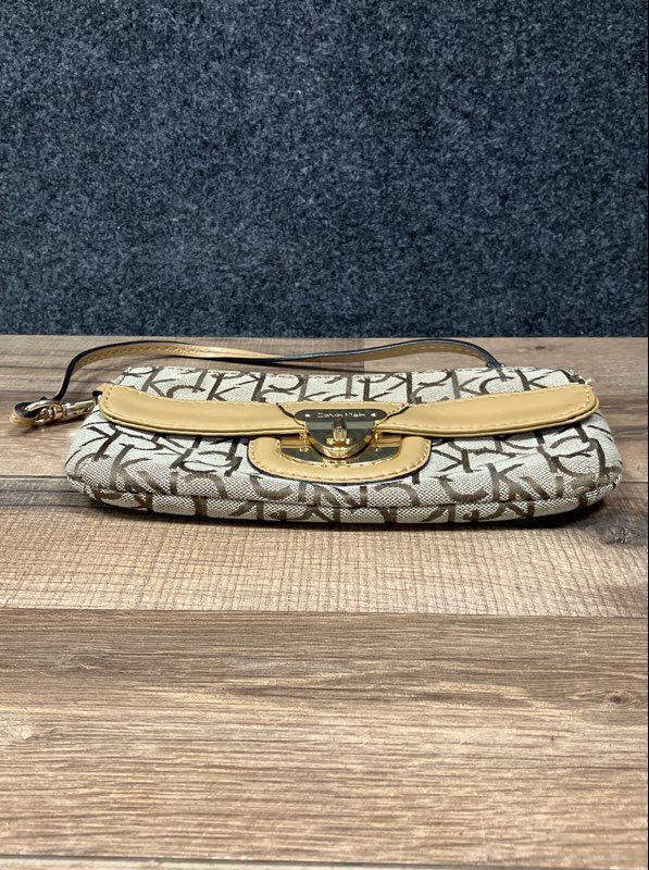 Calvin Klein Beige Brown Monogram Logo Small Shoulder Bag Wristlet Gold Hardware