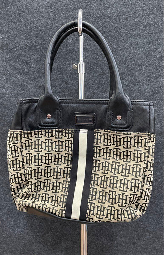 Tommy Hilfiger Black Monogram Canvas Racing Stripe Tote Handbag Silver Tone