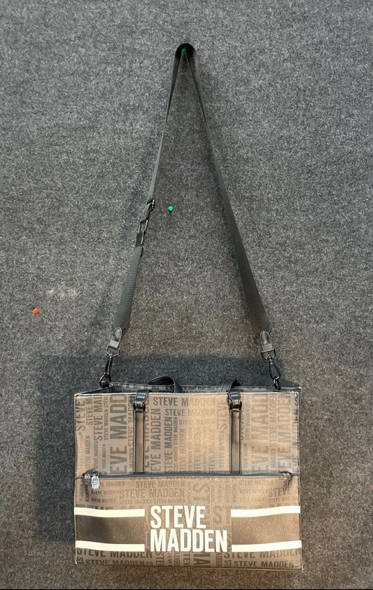 Steve Madden Grey Logo Print Structure Tote Bag Crossbody Bag Gunmetal Hardware