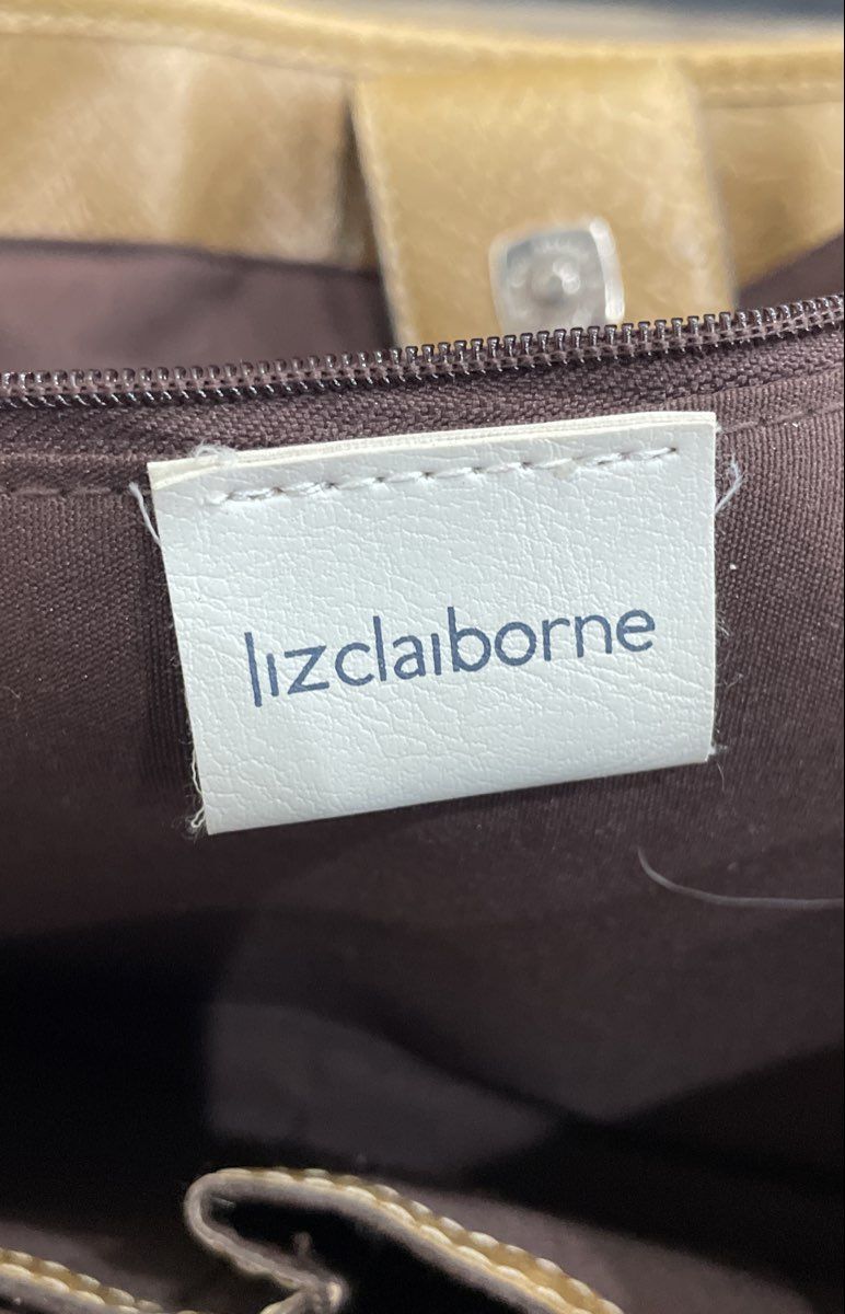 Liz Claiborne Brown Leather Tote Shoulder Bag Faux Croc Embossed Trim