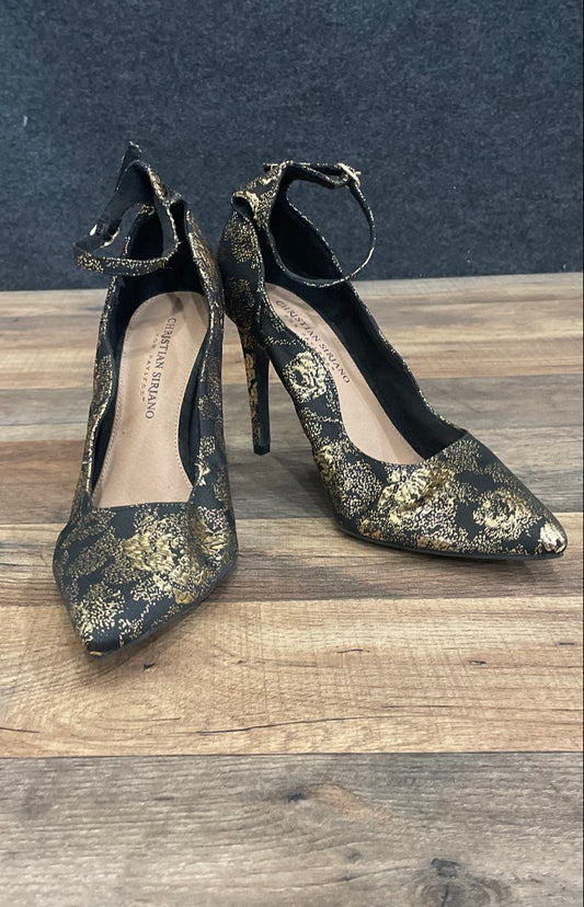 Christian Siriano for Payless Black Gold Floral Ankle Strap Pumps Size 7.5W