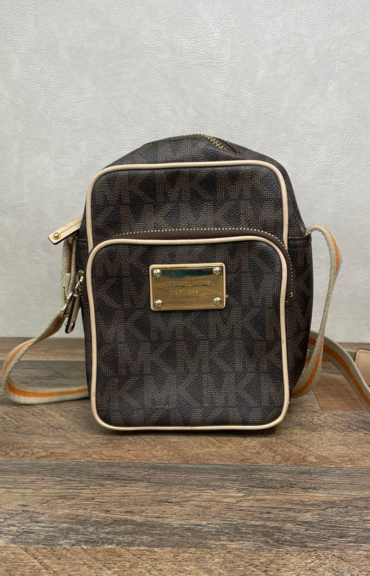 Michael Kors Brown Monogram Crossbody Bag Striped Webbing Strap Gold Hardware