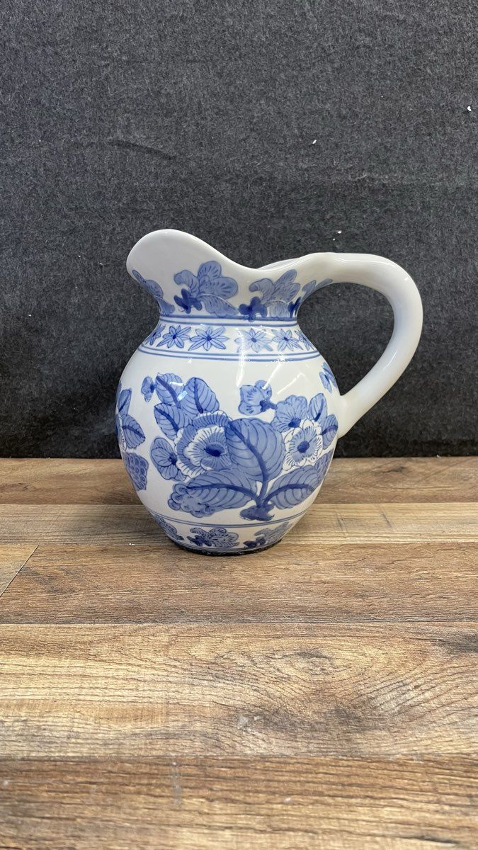 Vintage Style Blue and White Floral Ceramic Pitcher