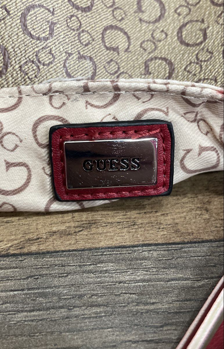 Guess 1981 Brown Red Leather Monogram Tote Bag Braided Handles Tassel Large