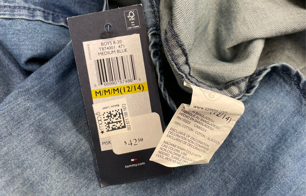 Tommy Hilfiger Boy's Medium Blue Chambray Button Down Shirt NWT Sz M 12/14