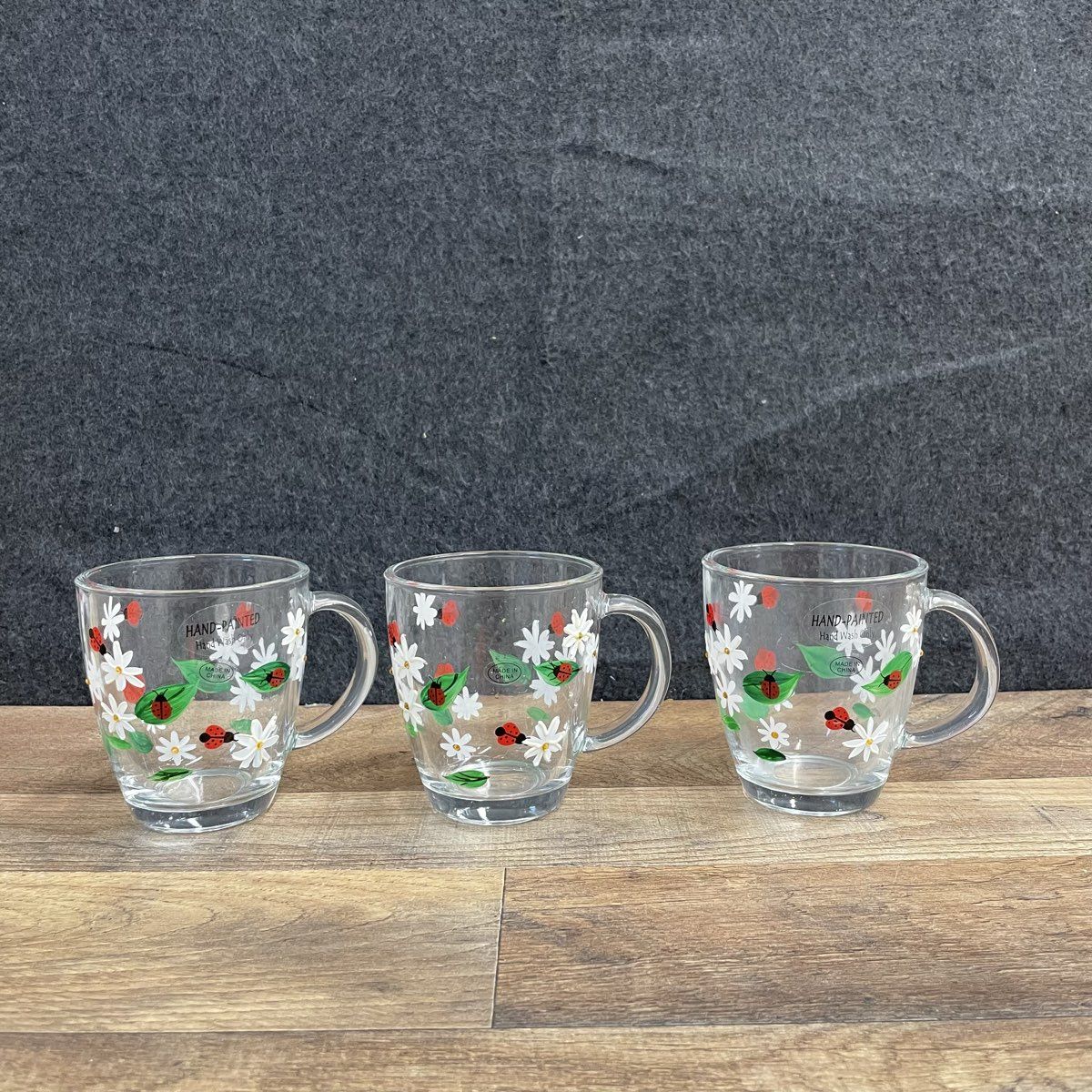 Set 3 Hand-painted Glass Mugs Daisy and Ladybug Design
