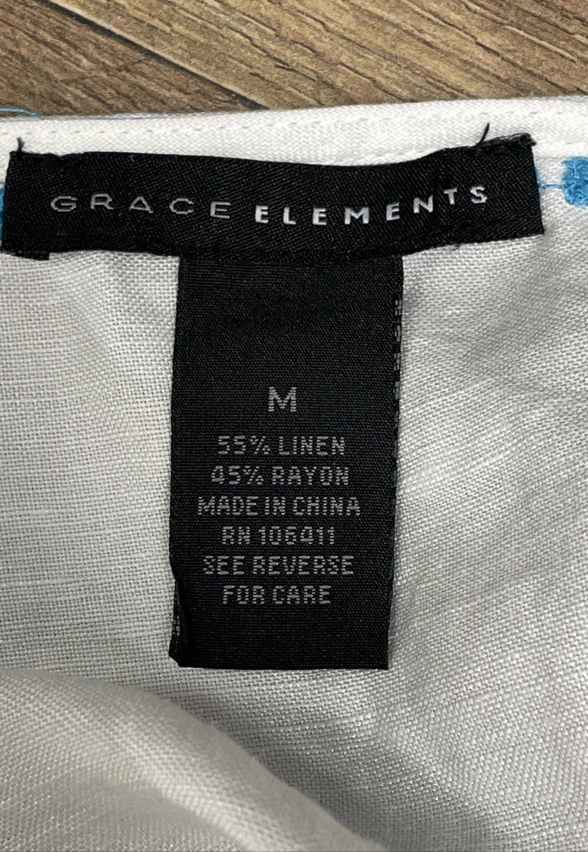 Grace Elements Women's White Blue Floral Embroidered Linen Blend Tunic Sz M