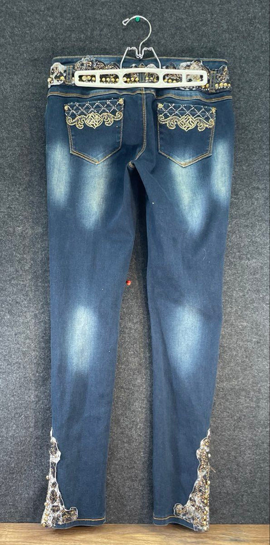 Denimio Women's Blue Ornate Embroidered Studded Lace Trim Skinny Jeans Size 4