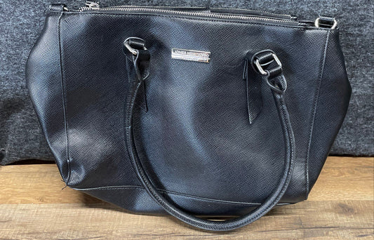 Jones New York Black Faux Saffiano Leather Satchel Tote Handbag Silver Hardware