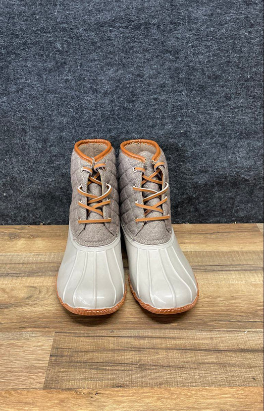London Fog Wilde Grey Tan Quilted Ankle Rain Snow Duck Boots Women's Size 9