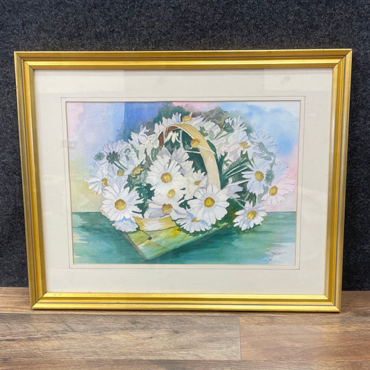 W. Trotti Watercolor Print Daisies in Basket Still Life 15.5x19.5 Signed