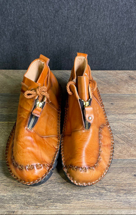 Fashion Hand Stitched Brown Leather Zipper Chukka Ankle Boots Size 46