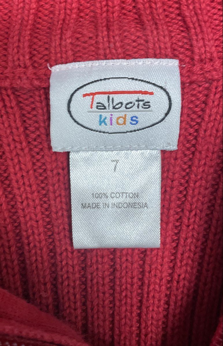 Talbots Kids Red Ribbed Cotton Quarter Zip Skier Graphic Sweater Sz 7