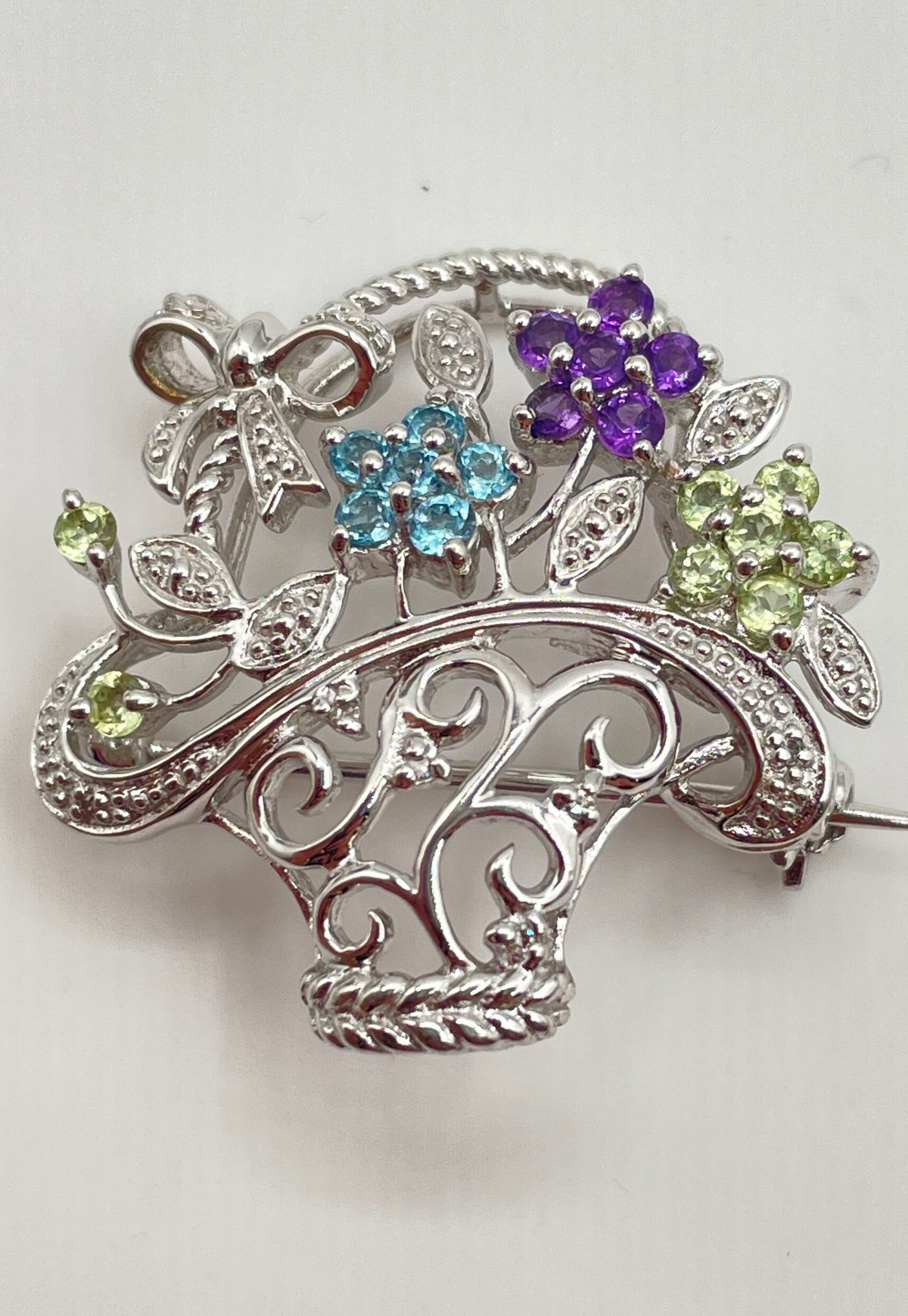 925 Sterling Multicolor Stone Flower Basket Brooch Pin Mixed Metal Back 5.3g