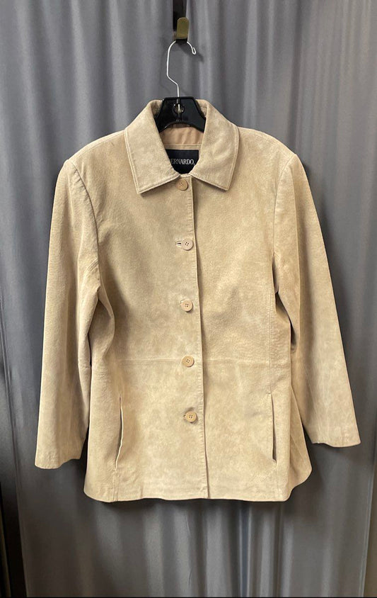 Bernardo Women's Beige Suede Leather Button Front Point Collar Jacket Sz M