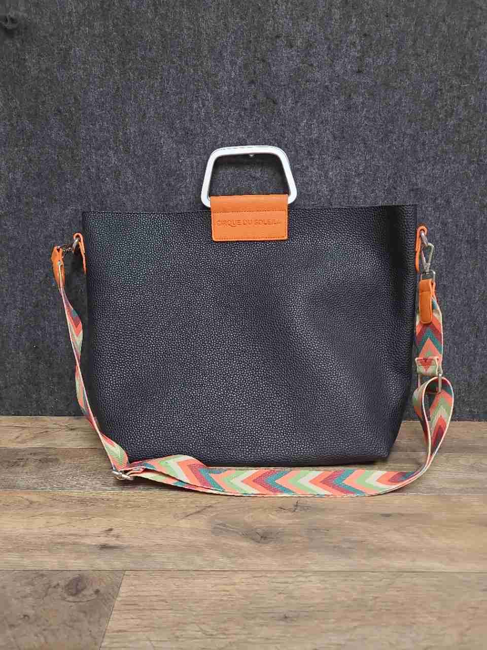 Cirque du Soleil Black Pebbled Tote Bag Orange Accents Chevron Crossbody Strap