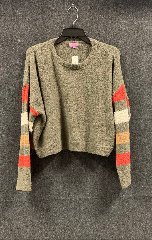 francesca's Women's Fuzzy Cropped Sweater Olive Green Striped Sleeve NWT Sz M