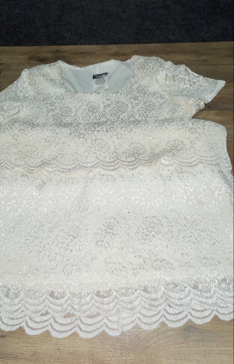 Vintage Y2K Leslie Blake Women's Ivory Floral Lace Layered Cocktail Dress Sz 10P