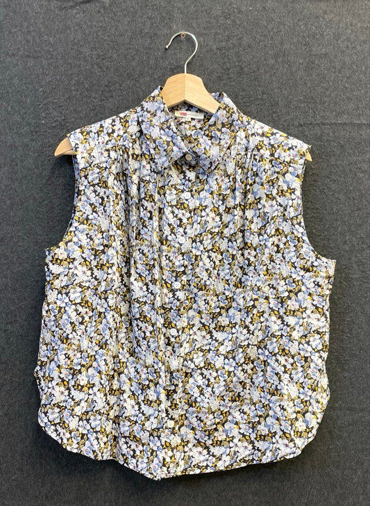 Levi's Women's Floral Pleated Sleeveless Top Button Up Cotton Blue White Sz S