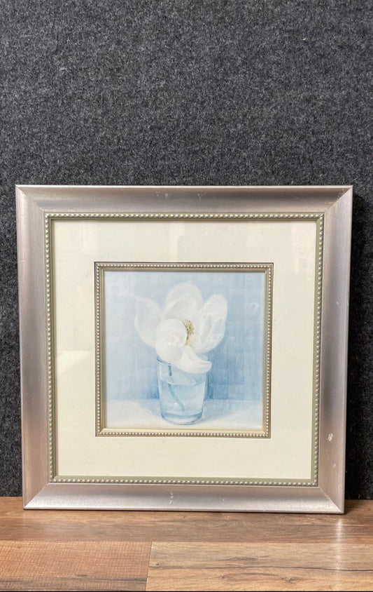 Framed Floral Art Print White Magnolia in Glass Still Life 15x15 Signed