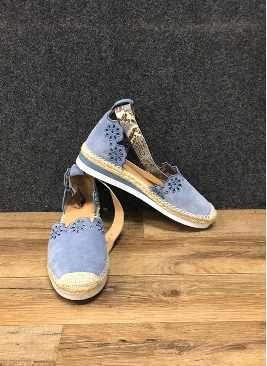 Crown Vintage Scalloped Eyelet Blue Suede Espadrille Sandals Women's Size 8.5