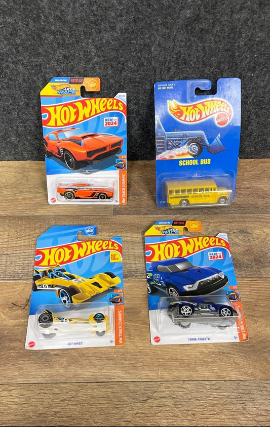 Hot Wheels 4 Car Lot Vintage 1991 School Bus + 3 New for 2024 Models Sealed