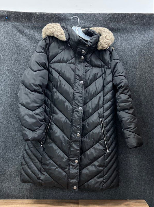 London Fog Women's Black Chevron Quilted Faux Fur Hood Puffer Coat Sz XL