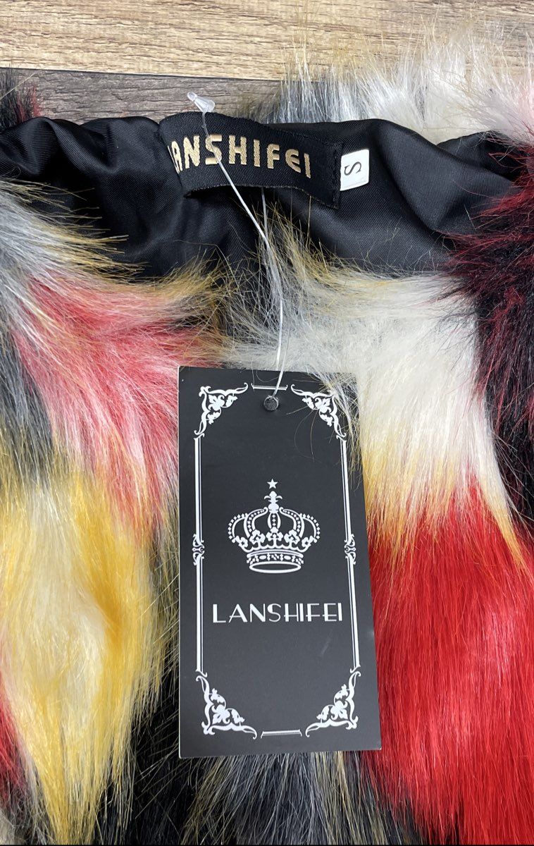 Lanshifei Women's Red Yellow Black Shaggy Faux Fur Patchwork Crop Jacket NWT S