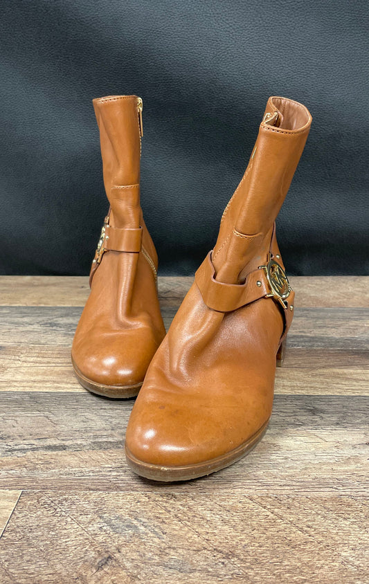 Michael Kors Brown Leather Harness Ankle Boots Gold MK Logo Size 7