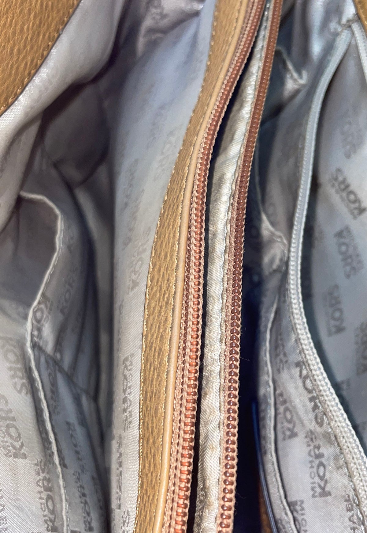 Michael Kors Tan Pebbled Leather Belted Satchel Tote Bag Silver Hardware