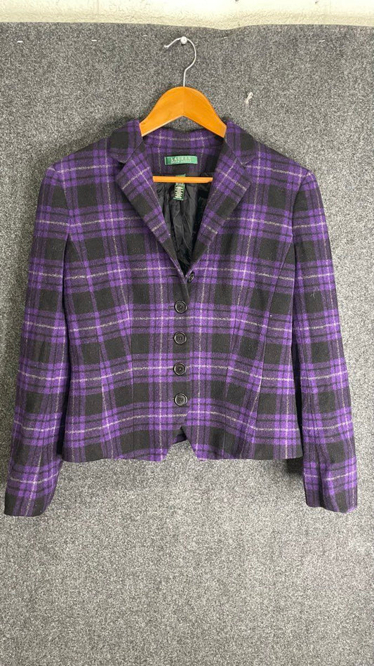 Lauren Ralph Lauren Women's Purple Black Plaid Wool Blend Blazer Jacket Sz 10