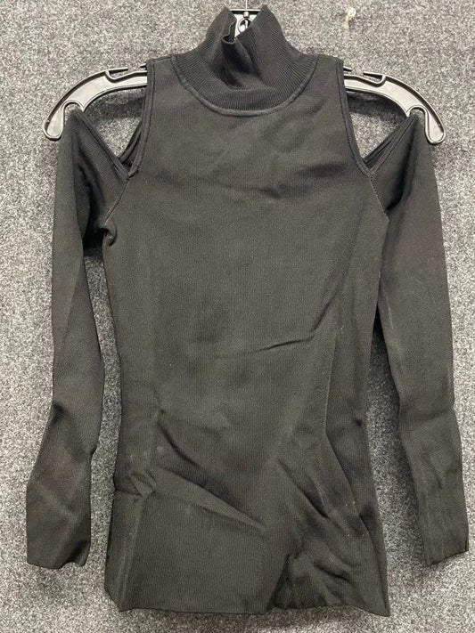 White House Black Market Women's Black Ribbed Cold Shoulder Mock Neck Top Sz XS