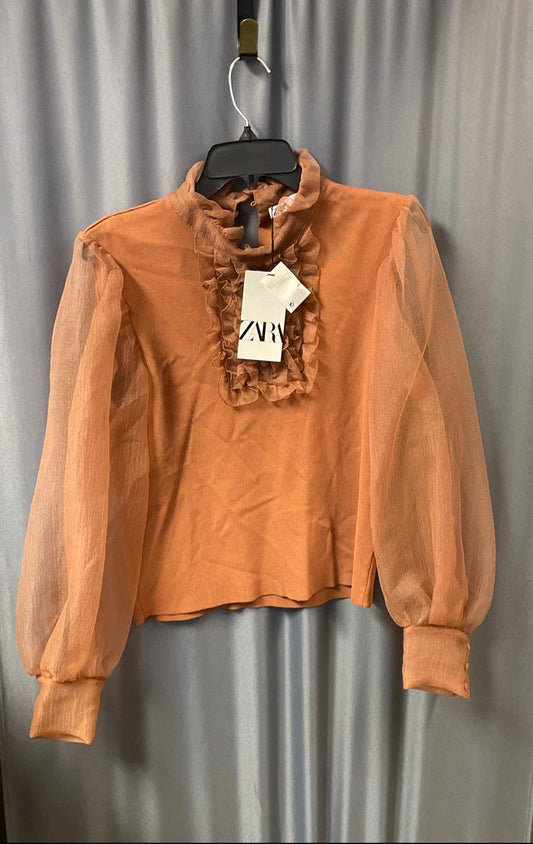 Zara Women's Brown Organza Ruffle Mock Neck Balloon Sleeve Top Sz L NWT