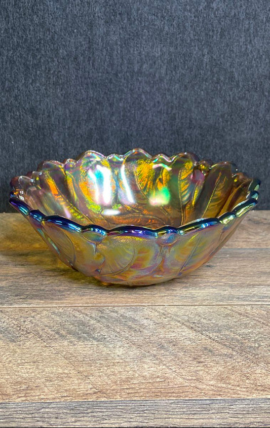 Indiana Glass Wild Rose 9" Ruffled Bowl Marigold Carnival Vintage