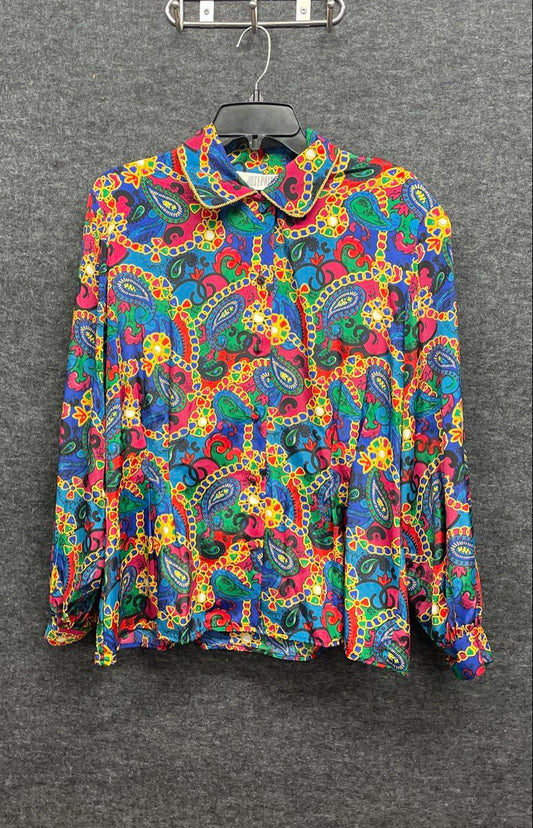Vintage 80s Josephine Women's Multicolor Paisley Chain Blouse Gold Trim Sz 14
