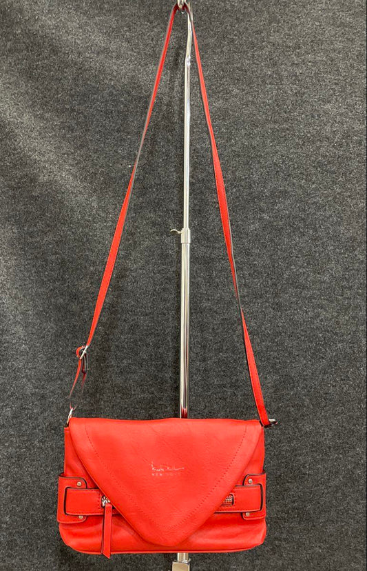 Nicole Miller Red Leather Fold-Over Flap Crossbody Bag Silver Hardware