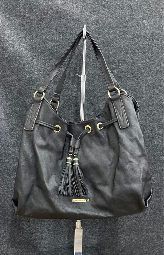 Liz Claiborne Black Leather Drawstring Tassel Shoulder Bag Gold Hardware Tote