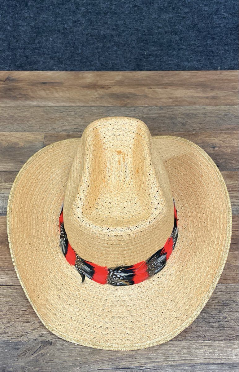 Unisex Tan Woven Straw Western Cowboy Hat Red Black Feather Hatband