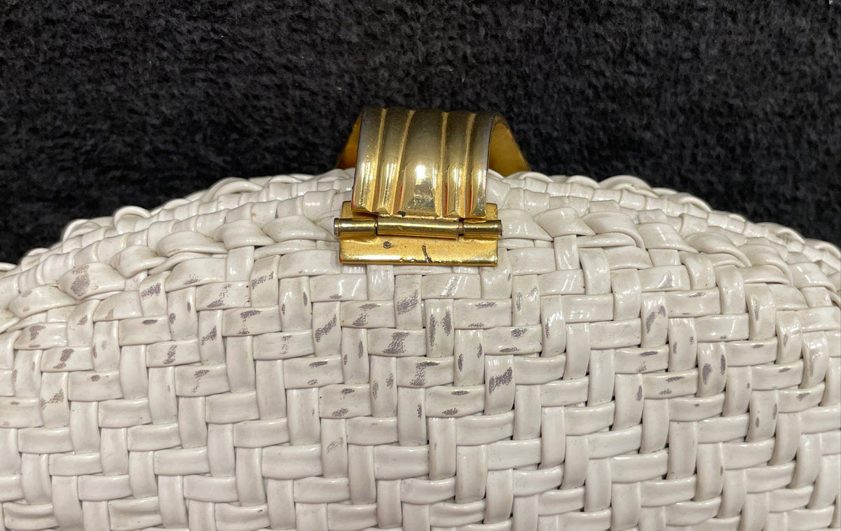 Vintage Ronora White Woven Clutch Bag Gold Shell Clasp Crossbody Hong Kong