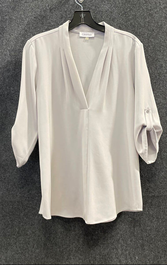Calvin Klein Men's Grey Roll Tab Sleeve V-Neck Pleated Front Blouse Sz M