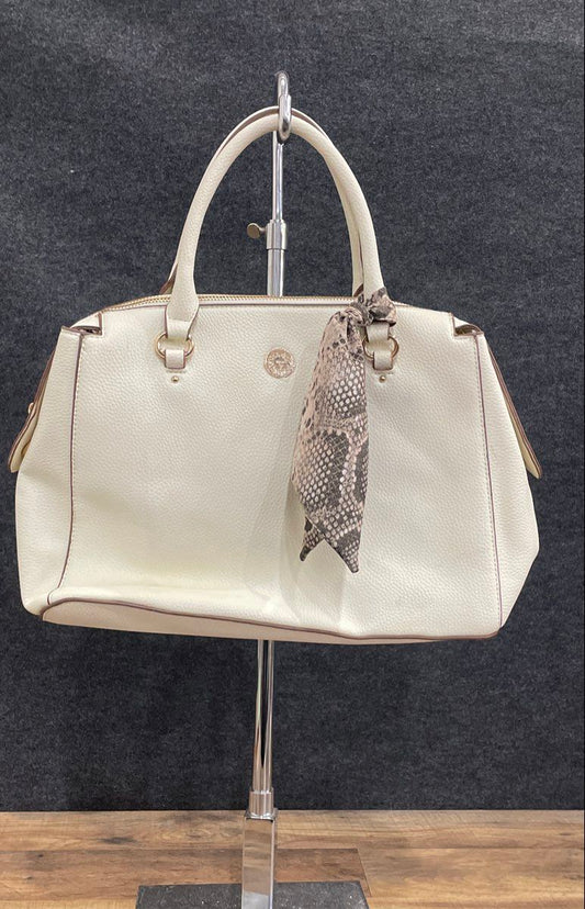 Anne Klein White Pebbled Satchel Handbag Snake Print Scarf Gold Hardware