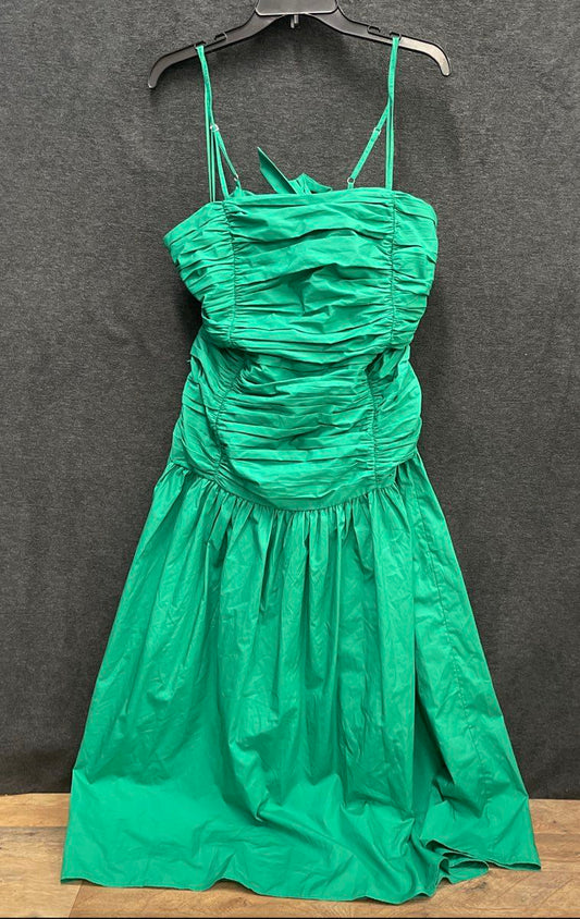 LOFT Women's Green Ruched Tie Back Spaghetti Strap Cotton Midi Dress Sz 10 NWT