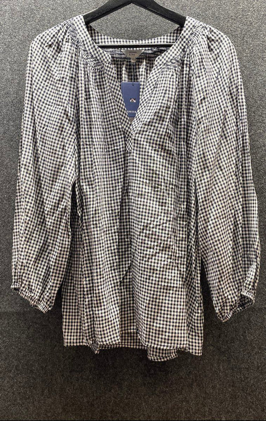 Crown & Ivy Women's Essential Core Peasant Blouse Navy Gingham Size XXL NWT