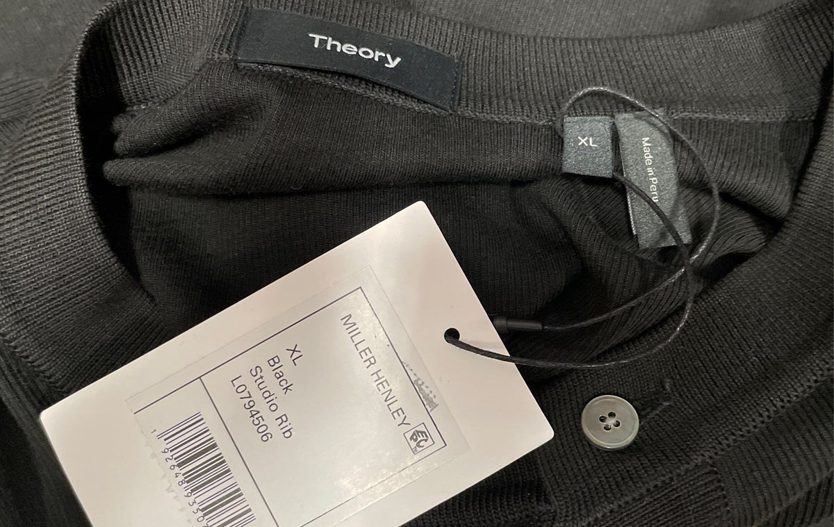 Theory Men's Miller Henley Black Studio Rib Long Sleeve Shirt Size XL NWT
